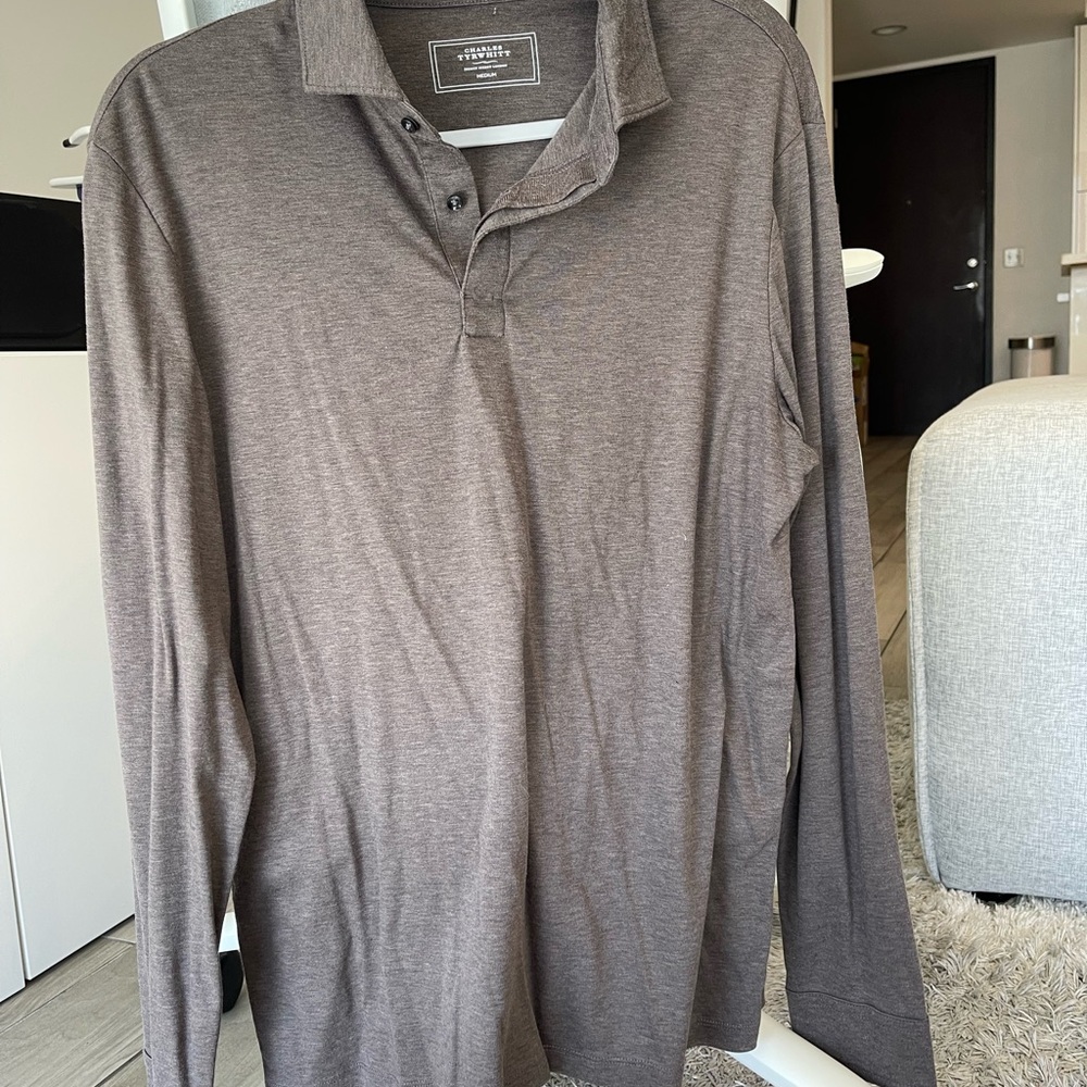 Charles Tyrwhitt Men's Brown Long Sleeve Polo